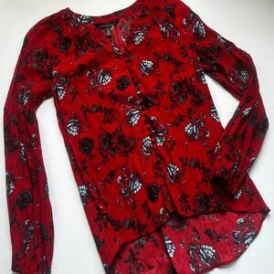 White House Black Market Red Floral Button Front High Low Blouse XS